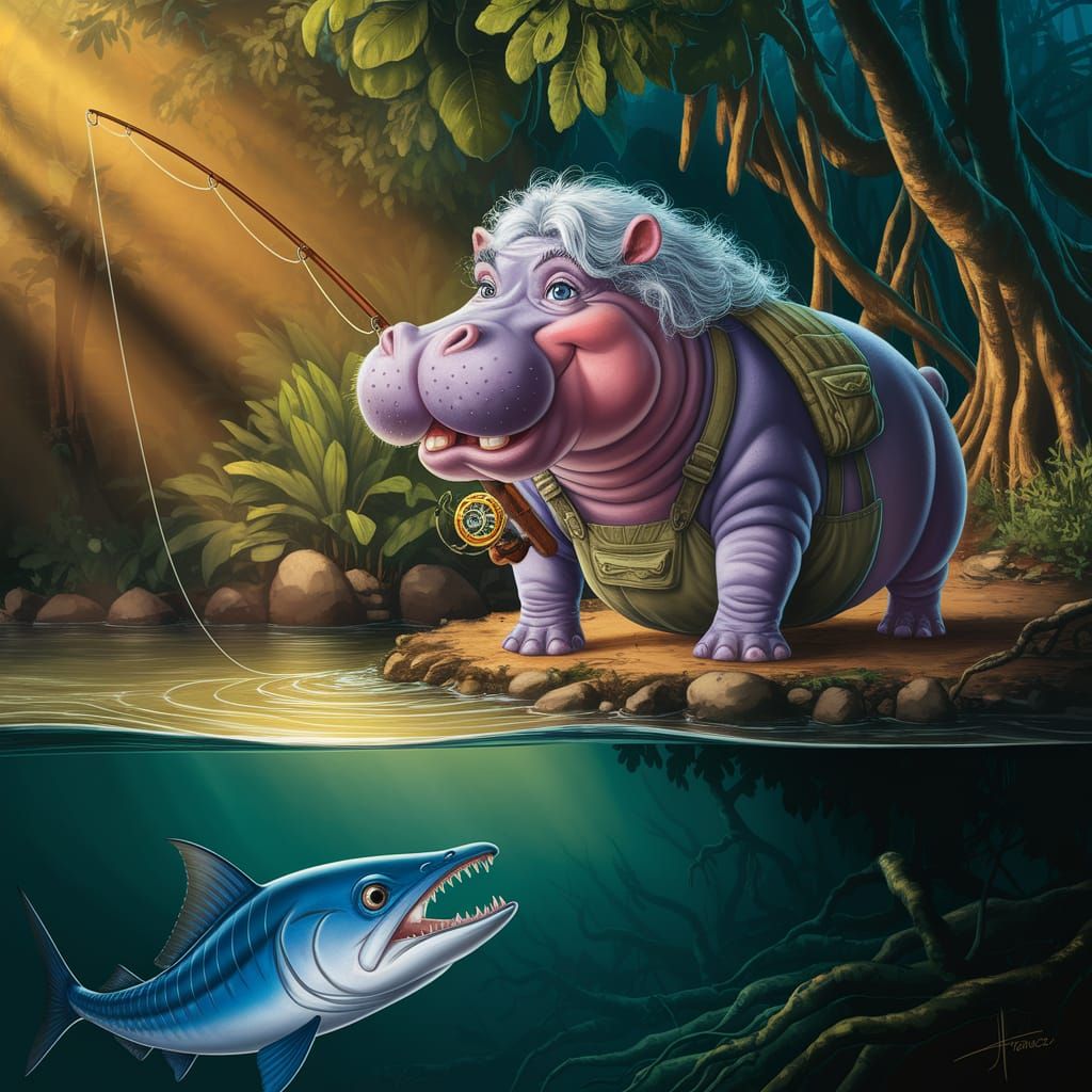 Jolly Hippo Fishing Trip Interrupted by Piranha