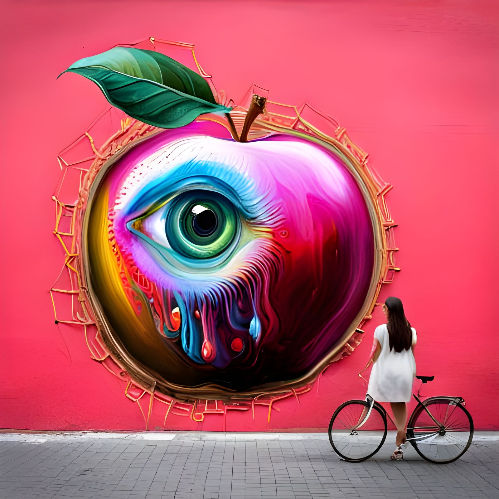 Reflective Pink Apple in Urban Art Style
