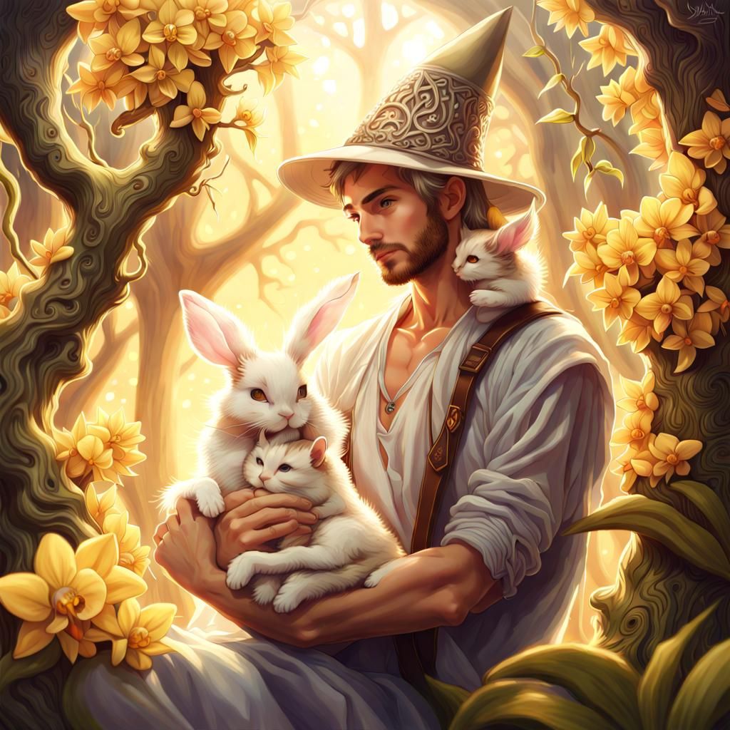 Man with Bunny Casting Spell in Sunlit Forest