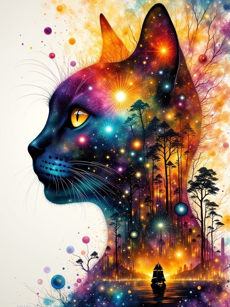 Galaxy Cat: Double Exposure in Surreal Style