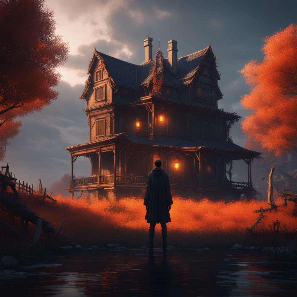 Anime Solitude: Ghostly Figure with Orange Eyes