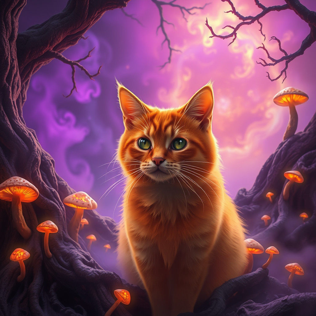 Mystical Orange Cat in Dreamlike Forest, Matte Painting