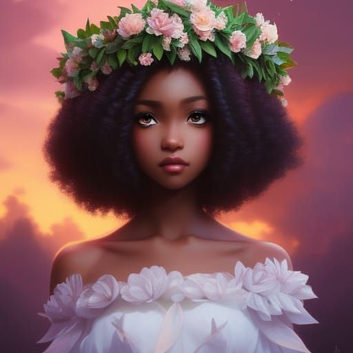 Black Girl with Flower Crown Portrait, Anime Style