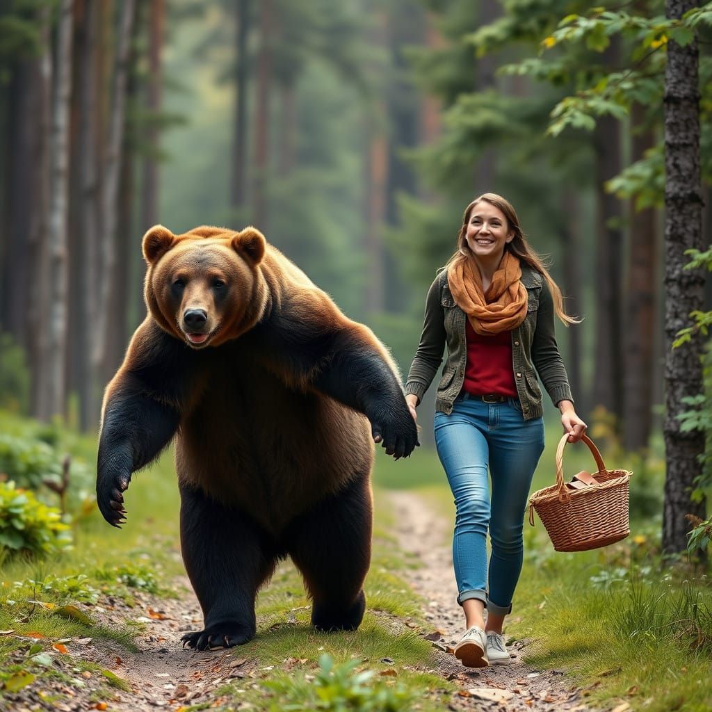 A Grizzly Bear and Woman Share a Leisurely Stroll