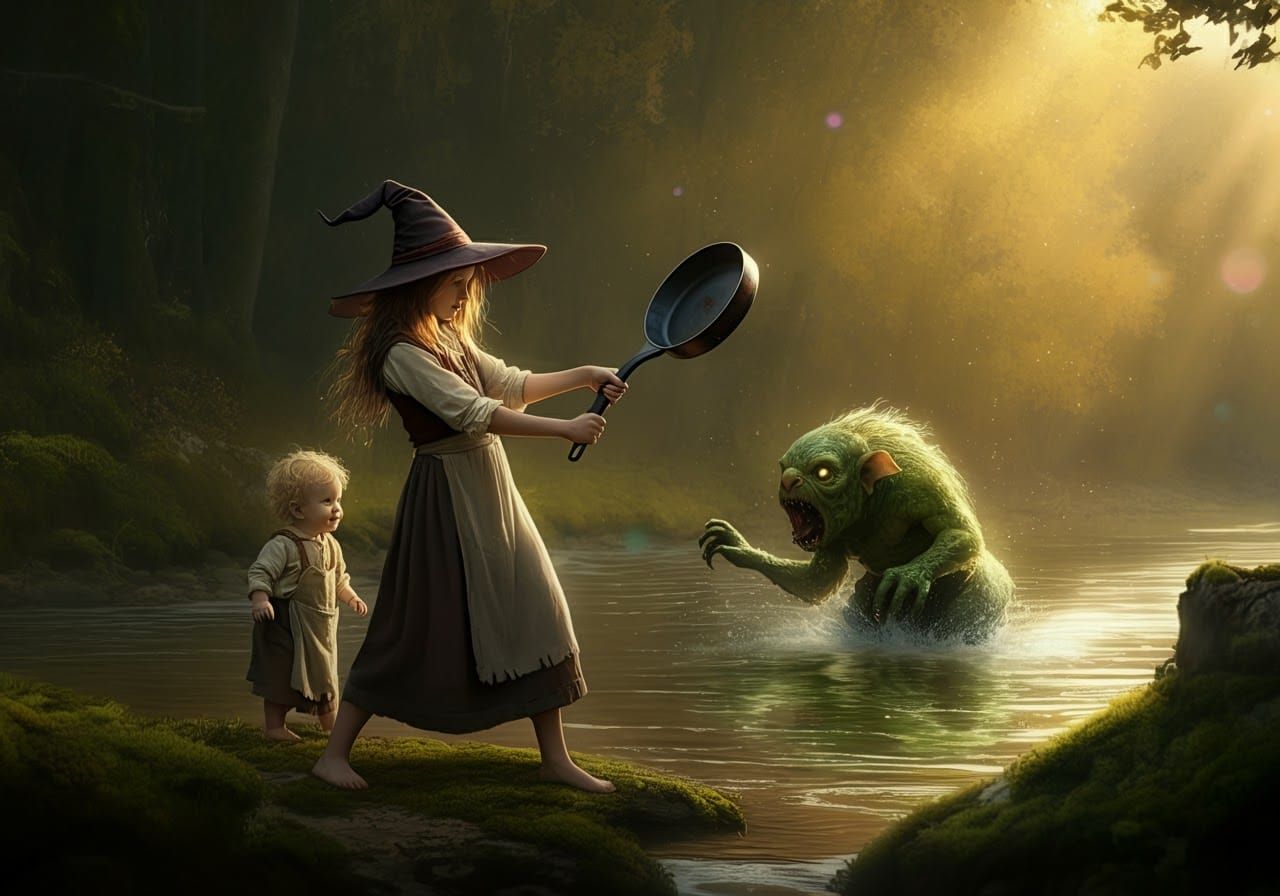Young Witch Battles River Monster in Oil Painting