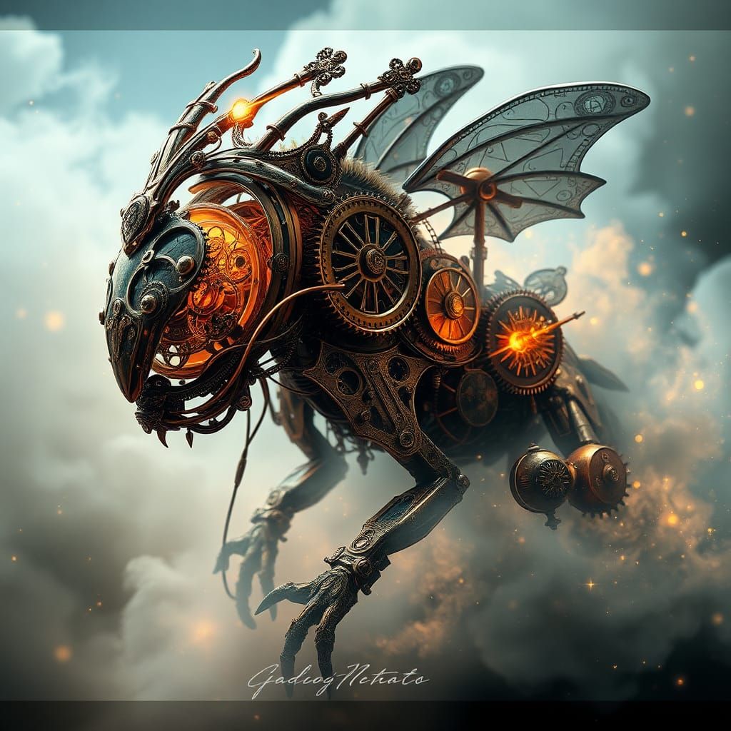 Clockwork Creature in Steampunk Sci-Fi with Ethereal Glow