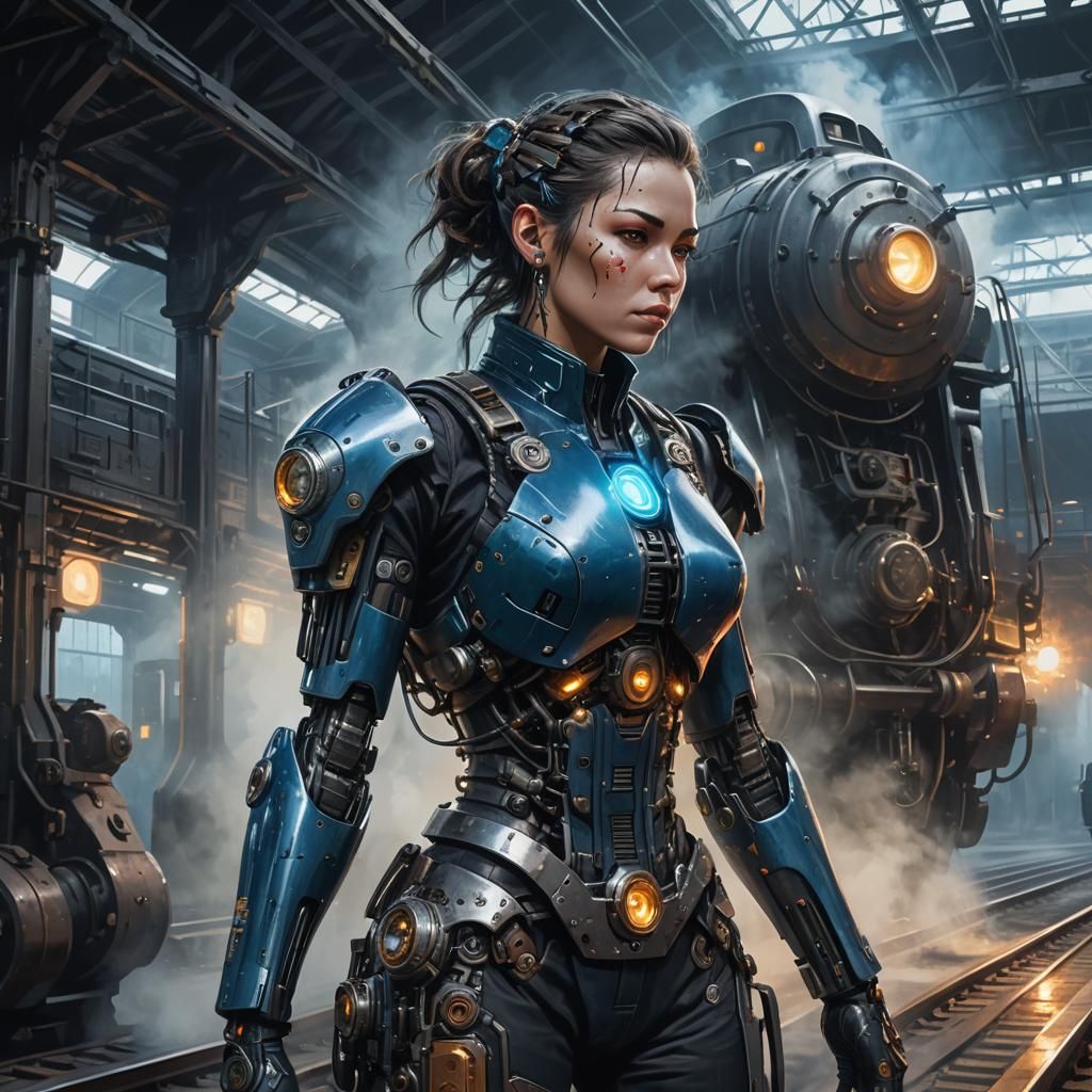 Cyberpunk Woman-Train Hybrid in Futuristic Station