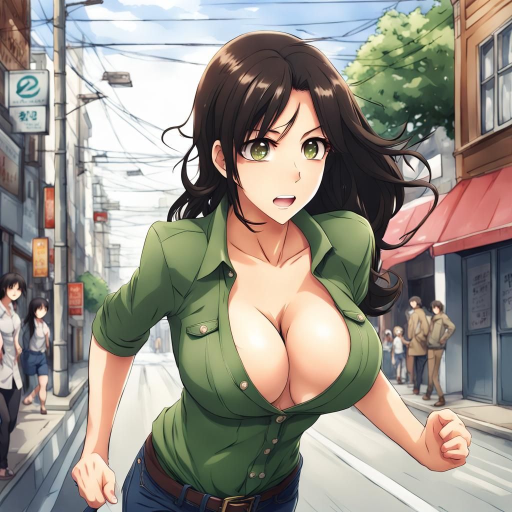 Brunette Woman Chasing Dog: Anime-Style Illustration