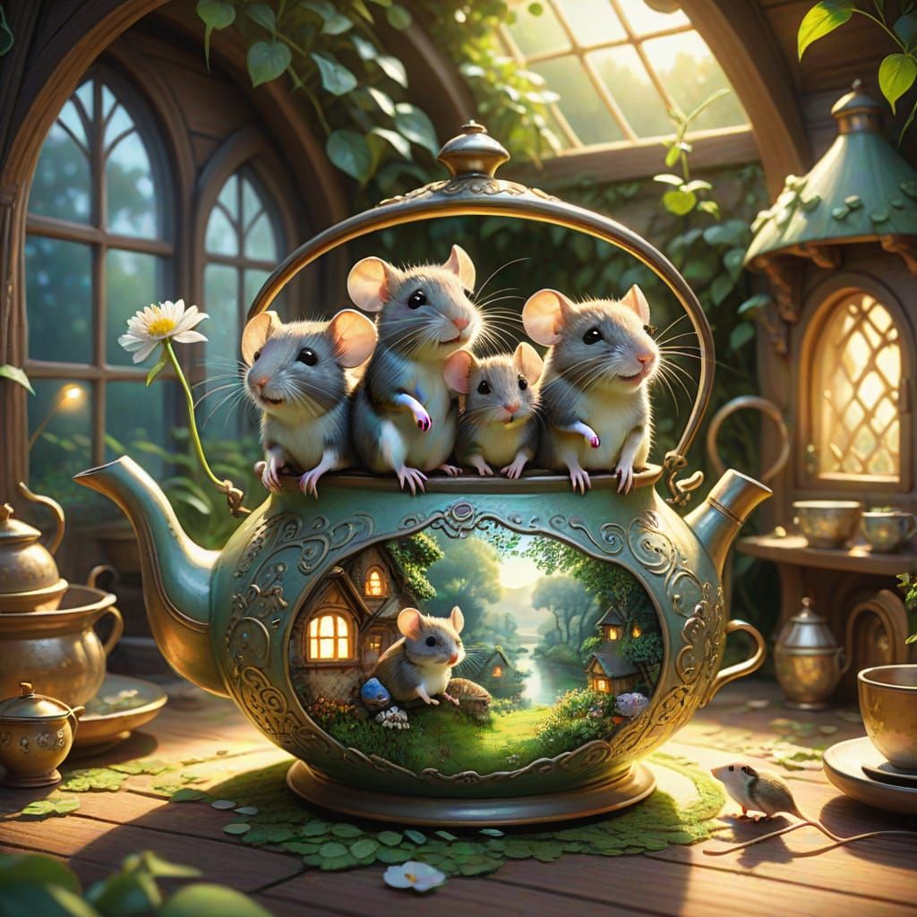 Furry Mouse Family in Intricate Teapot House