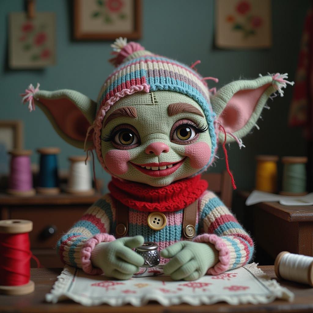 Hyperrealistic Goblin Creature in Sewing Room