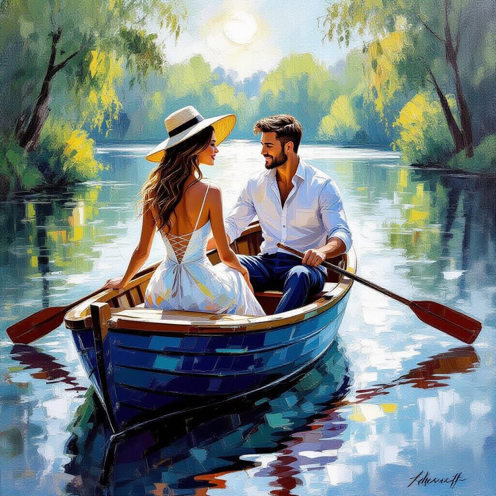 Romantic Couple in Rowboat on Lake, Impasto Painting Style