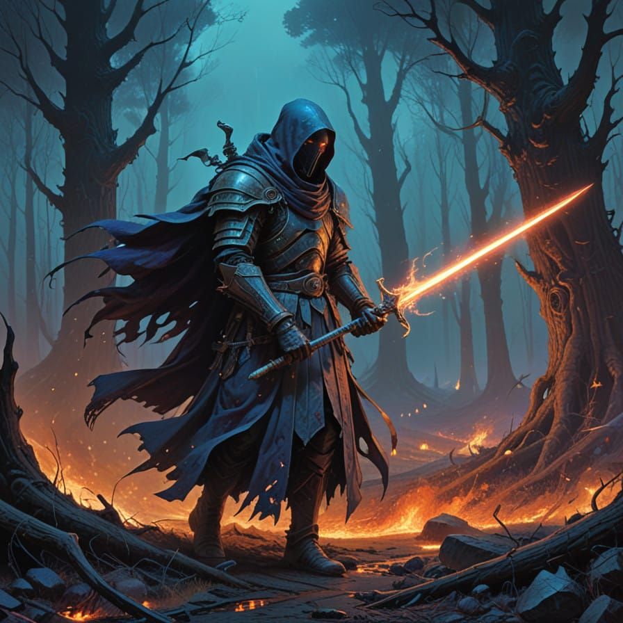 Ethereal Warrior Battles Fiery Beast in Dark Mystic Realm