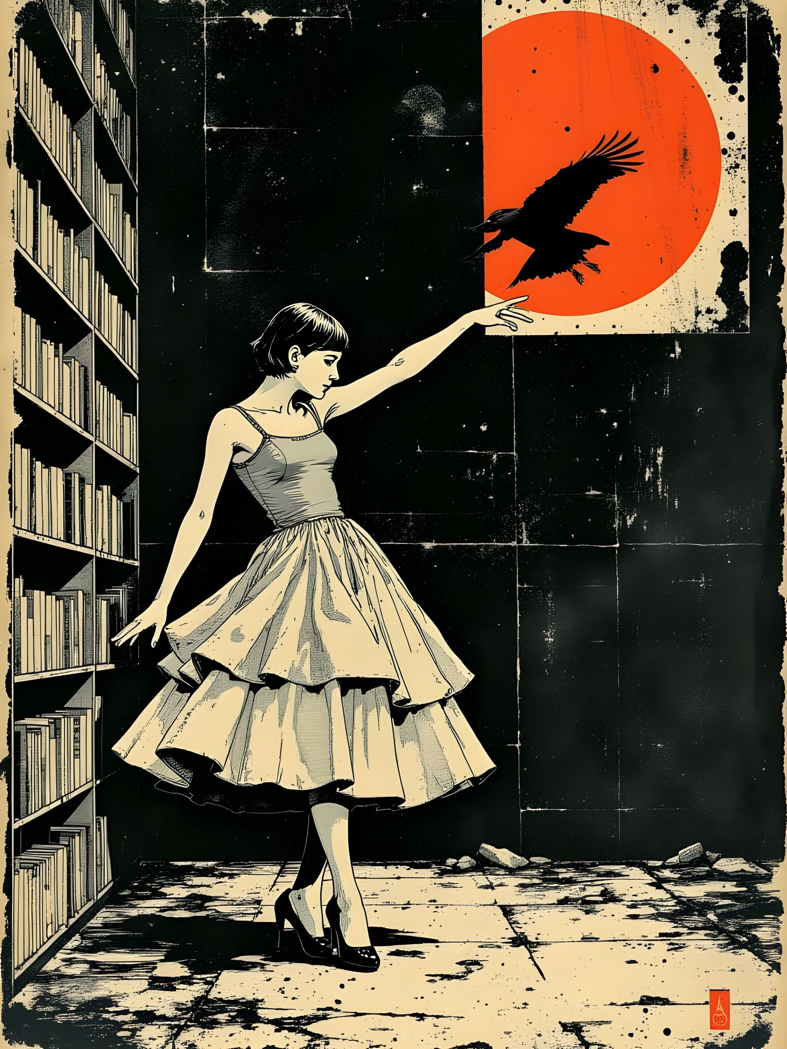 Woman Dancing in Abandoned Library with Vibrant Textures