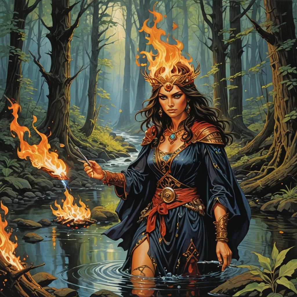 Magical Pyromancer in Glade, Gouache Style
