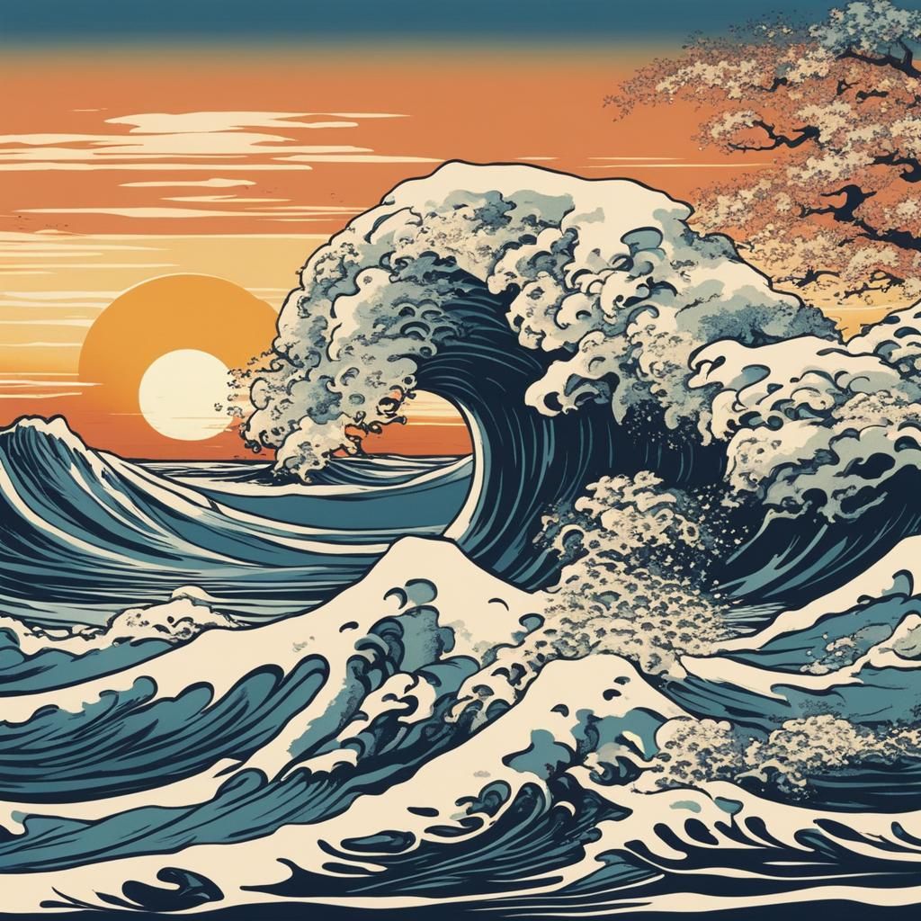 Hokusai-Inspired Sunset Waves at Sea