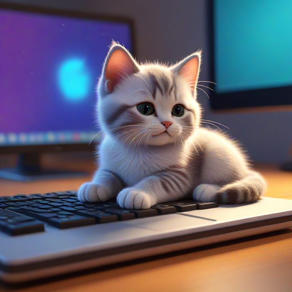 Cute Kitten Sleeps on Laptop Keyboard in Digital Art Style