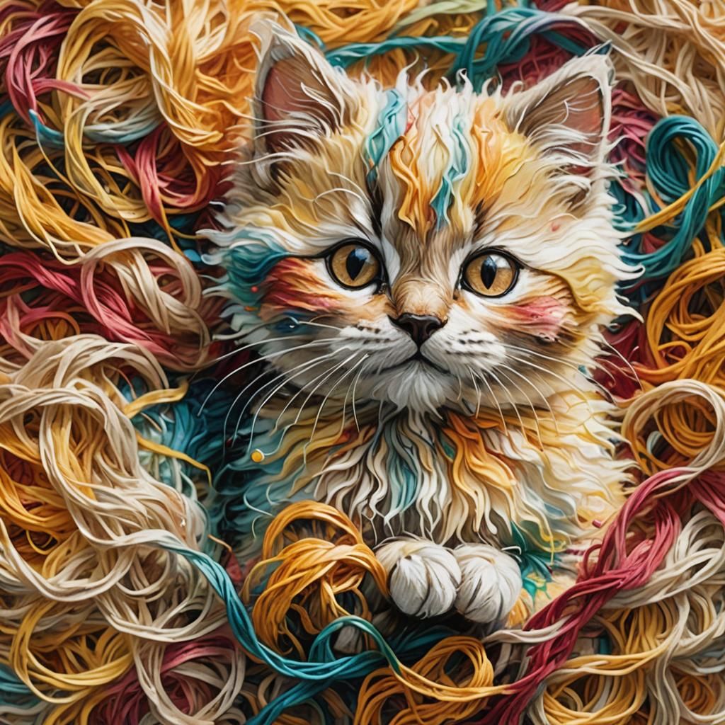 Whimsical Yarn Kitten in Impressionist Splash Art