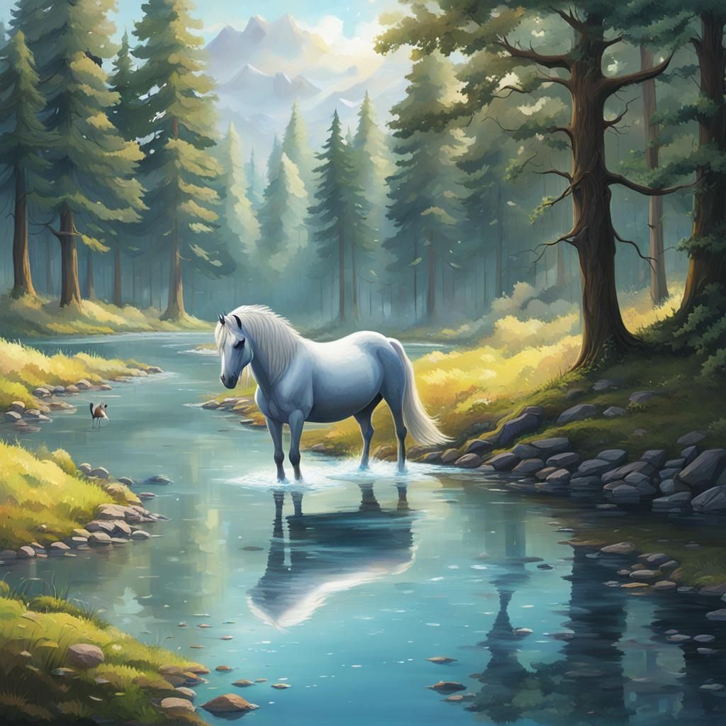 Pegasus Drinking from River on Sunny Day