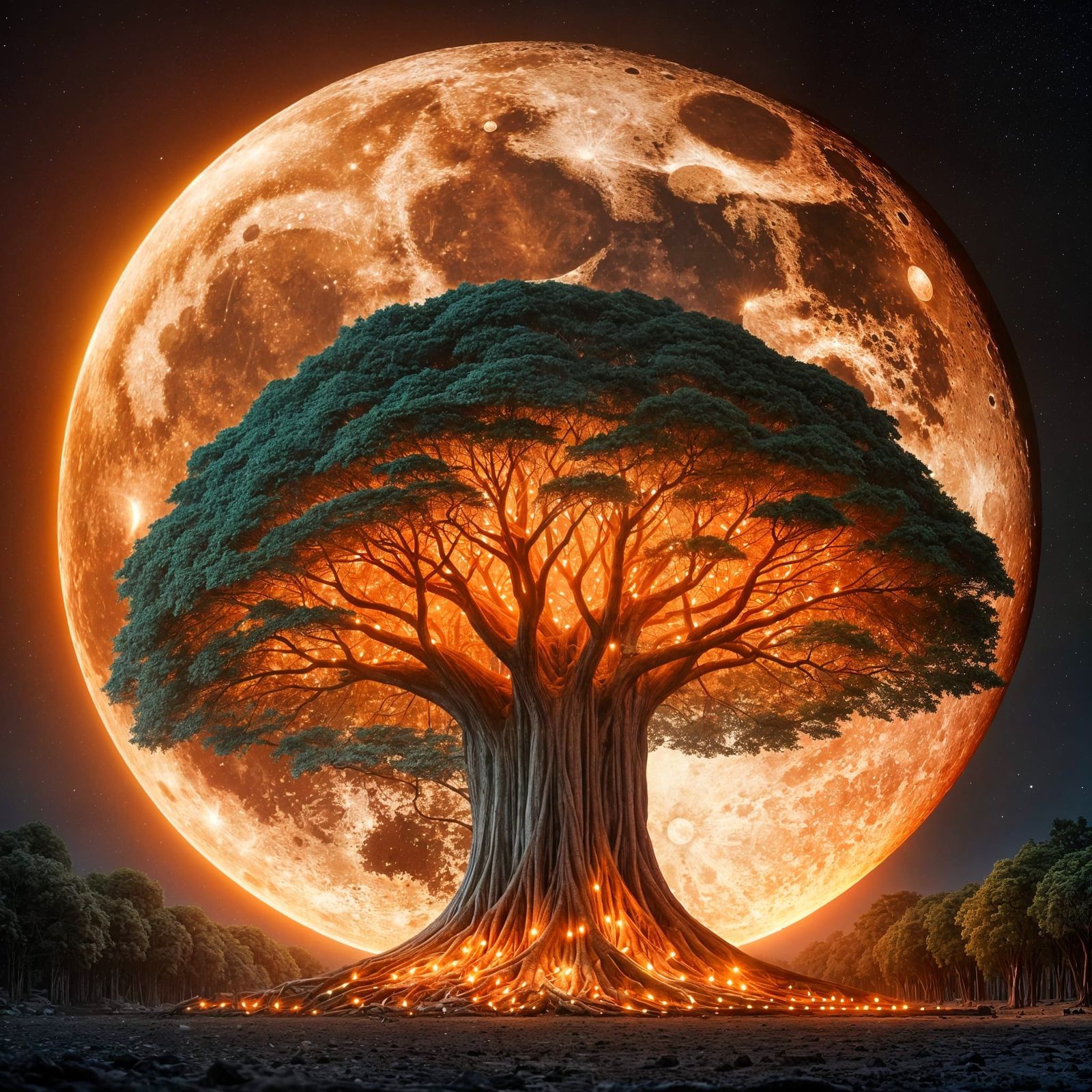 Ancient Moon Tree Illuminated by Celestial Light