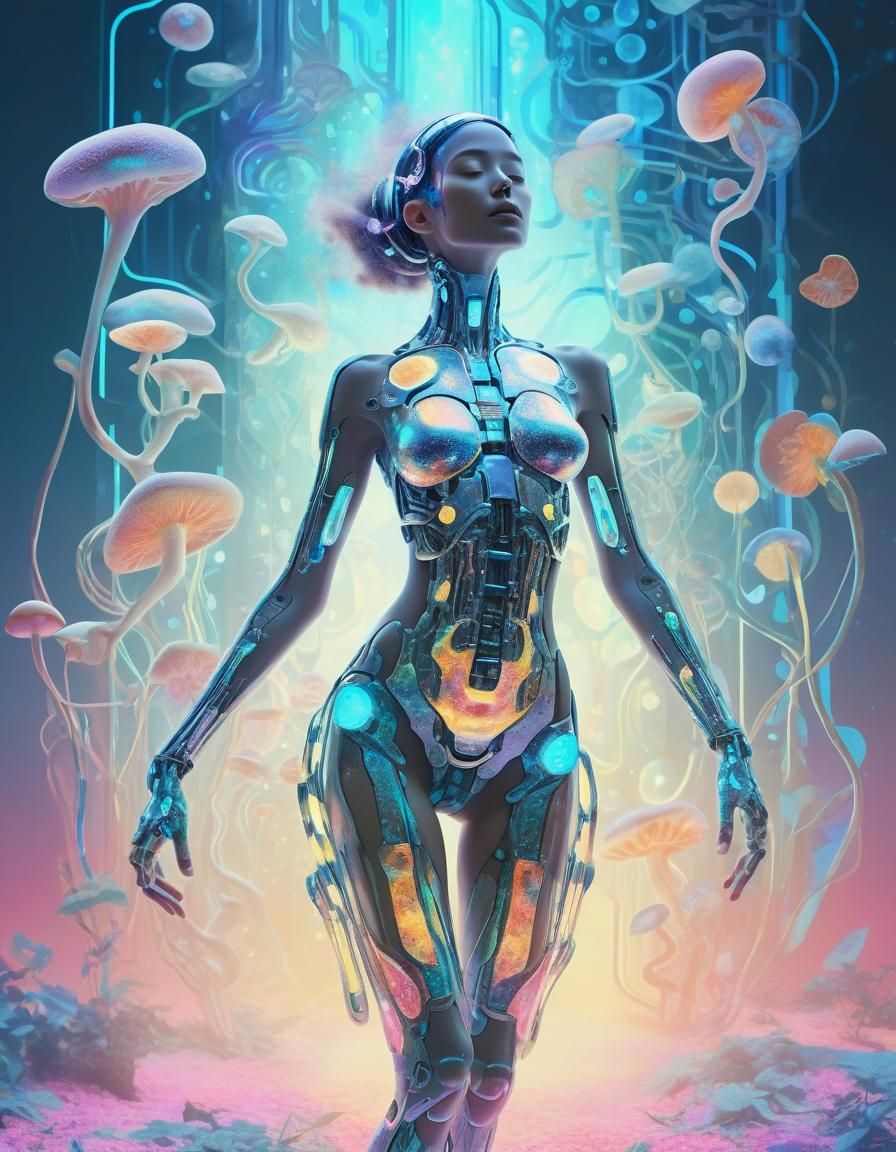 Surreal Glowing Fungi Woman in Cyberpunk Bodyart