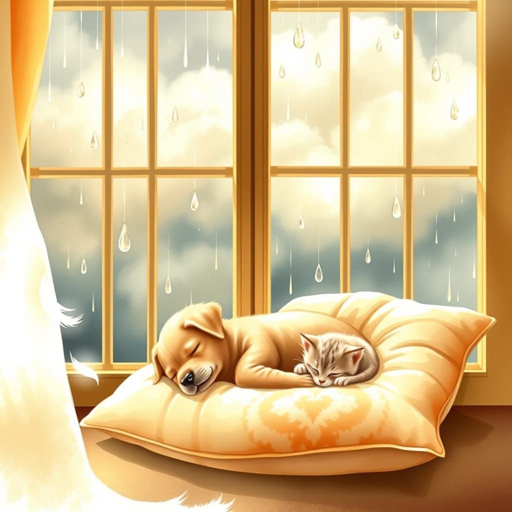 Whimsical Golden Sanctuary with Sleeping Pets