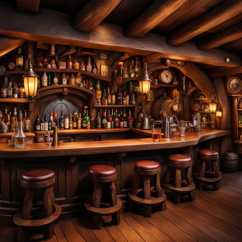 Dwarf Bartender in Middle-Earth Tavern, Photorealistic Airbr...