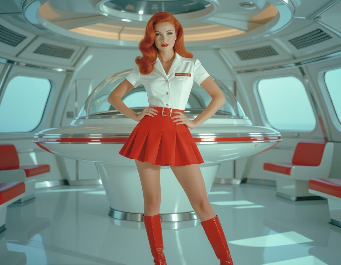 Glamorous Pinup in Sci-Fi Cockpit, 1950s Style