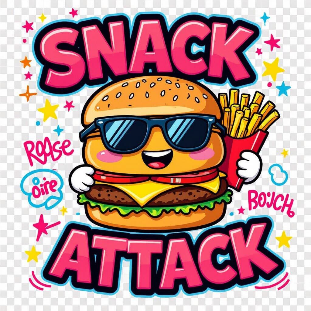 Cartoon Burger & Fries with Neon Doodles, Pop Art Style