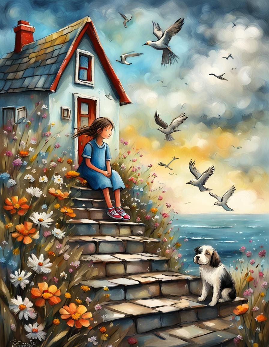 Whimsical Cottage Scene with Girl and Dog