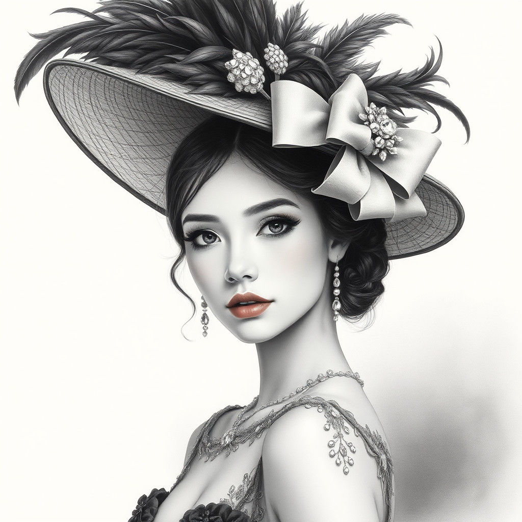Woman in Ornate Hat: Charcoal Drawing