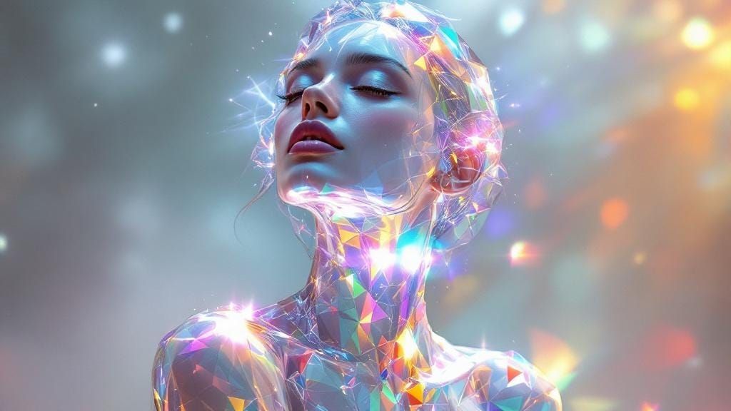 Ethereal Glass Woman Bathed in Refracted Light
