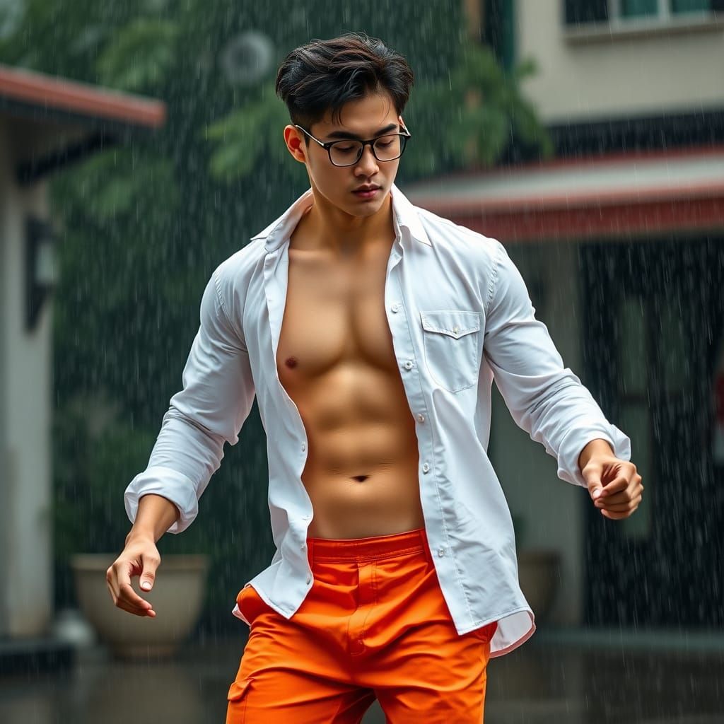 Jaehyun Baek, a muscular hunk Korean wearing glasses, orange...