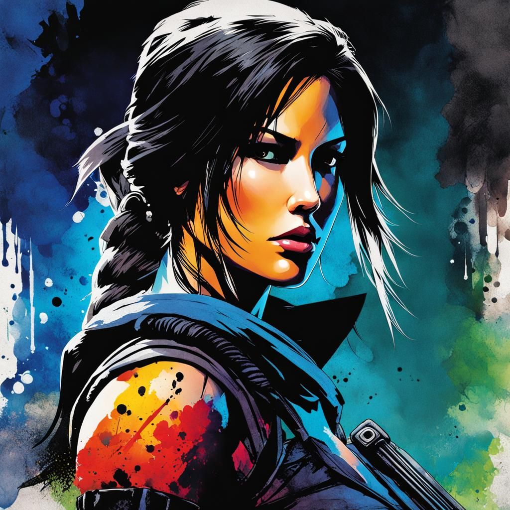 Lara Croft Glitchcore Ink Art in Feudal Japan