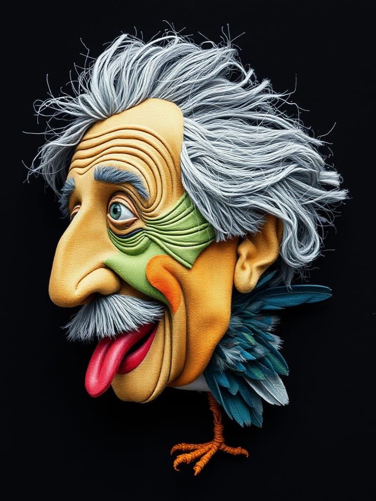 Surreal Cloth Patchwork Portrait of Einstein-like Figure