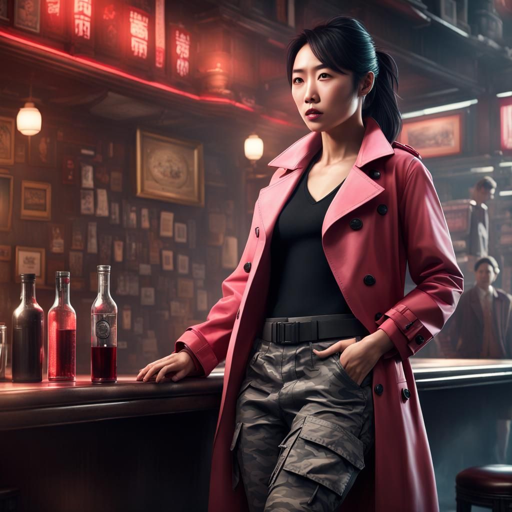 Happy Asian Detective at Bar in Digital Painting