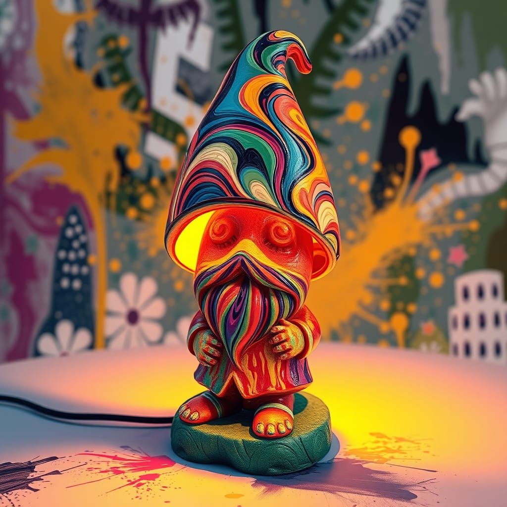 Whimsical Garden Gnome Lamp with Graffiti Art Background