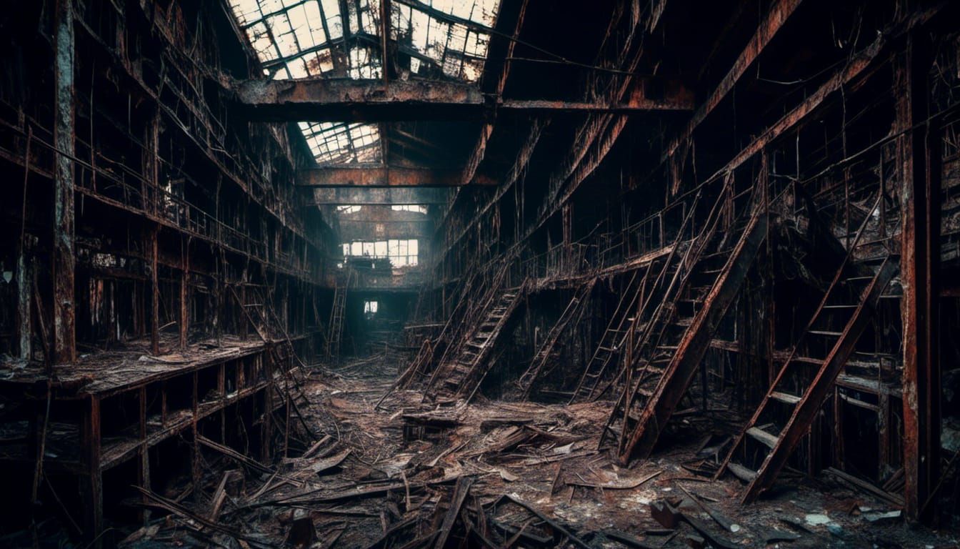 Macabre Abandoned Factory with Eerie Lighting