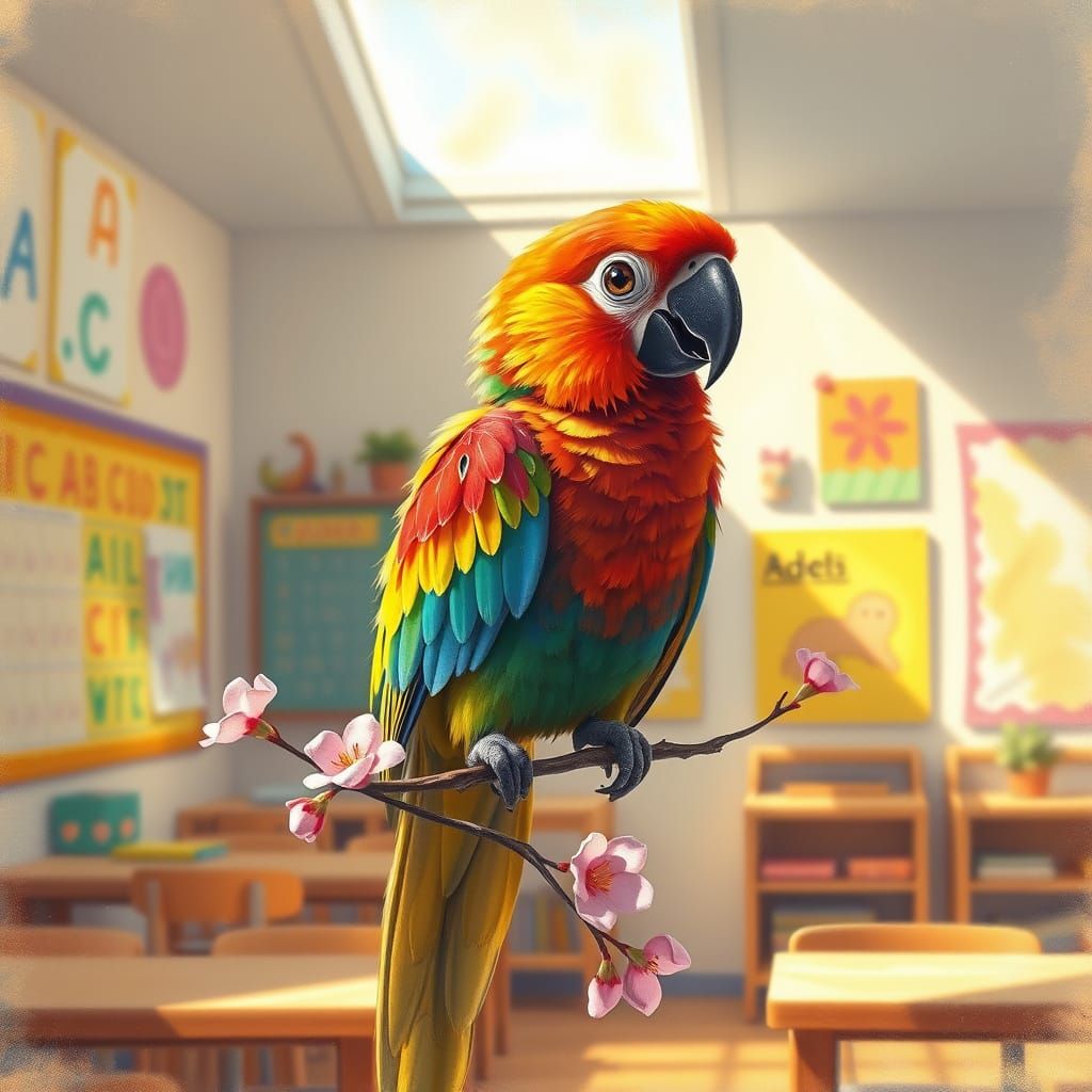 Whimsical Parrot in Sunlit Classroom, Rendered in Chalk Past...