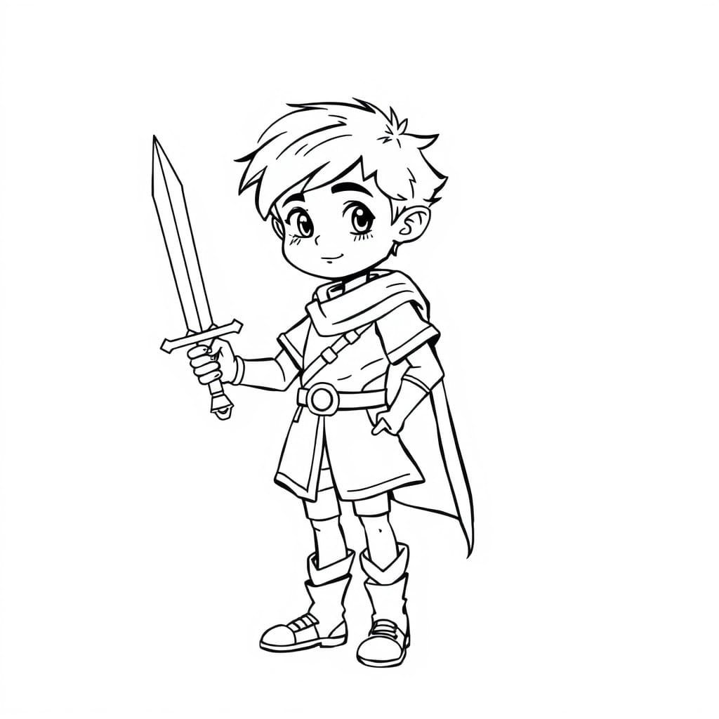 Heroic Young Adventurer in Fantasy Line Art Style