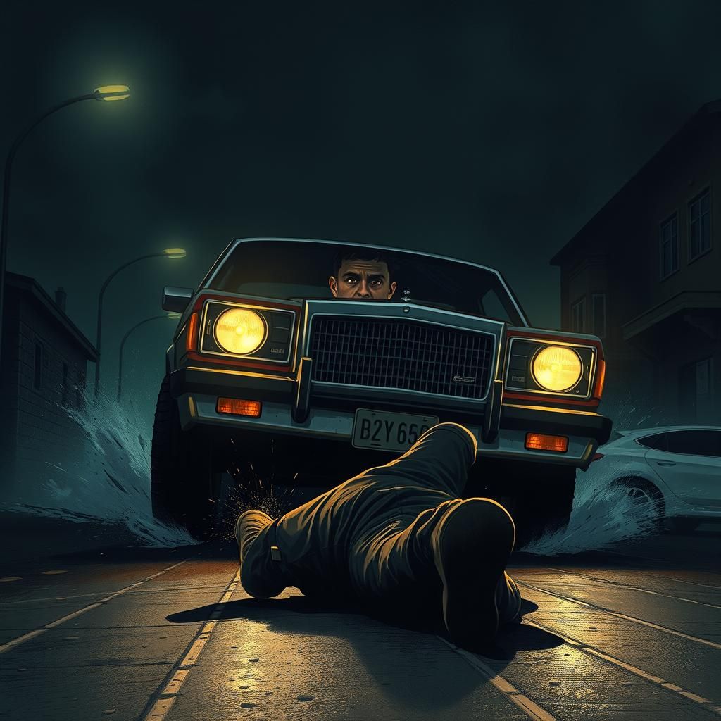 Car Accident on Dark Street in Chiaroscuro Style