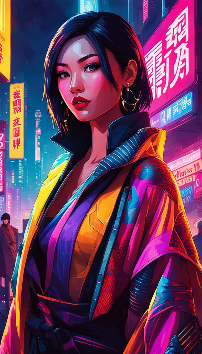 Cyberpunk Woman Taking Selfie in Neon City