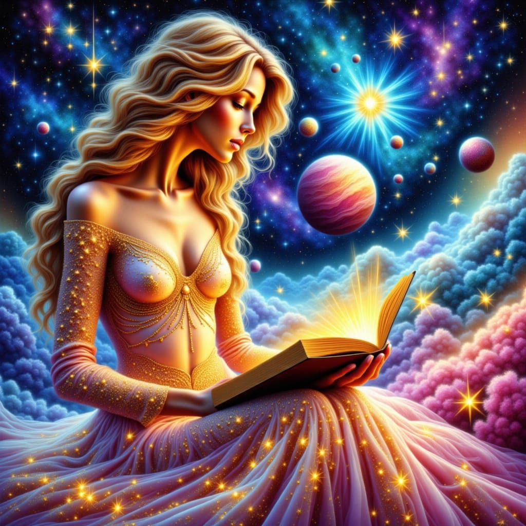 Woman Reading in Cosmic Watercolor and Pastel Style