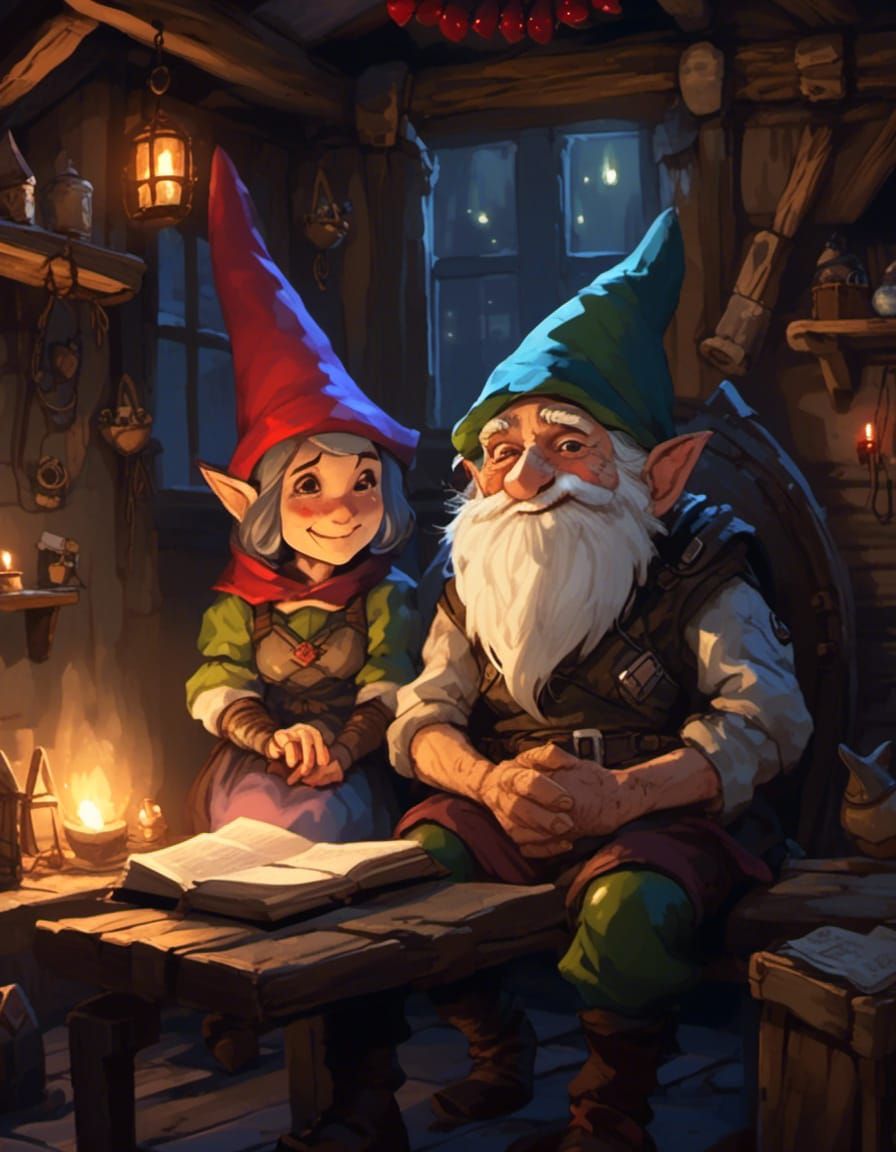 Elderly Gnome Couple Smiling in Dim Cabin