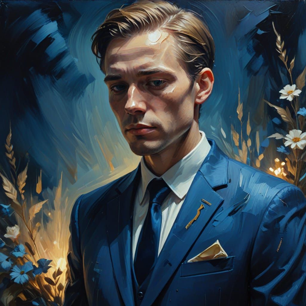 Blue Suited Figure at Funeral in Oil Painting Style