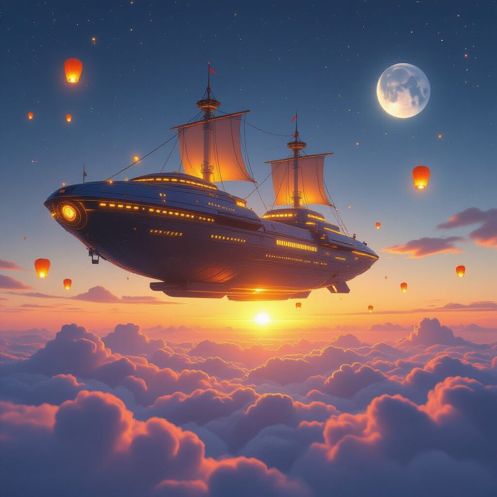 Massive Futuristic Flying Ship Above Clouds at Sunset