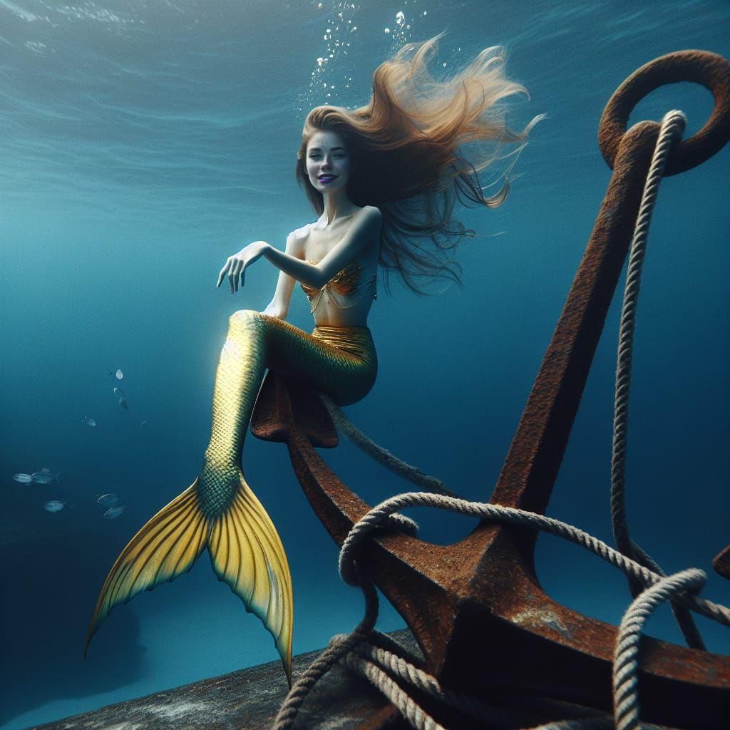 Cinematic Mermaid on Anchor in 35mm Film Style