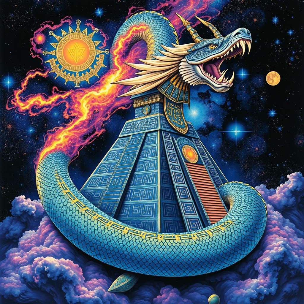 Celestial Serpent Coiled Around Mayan Pyramid in Fantasy Art