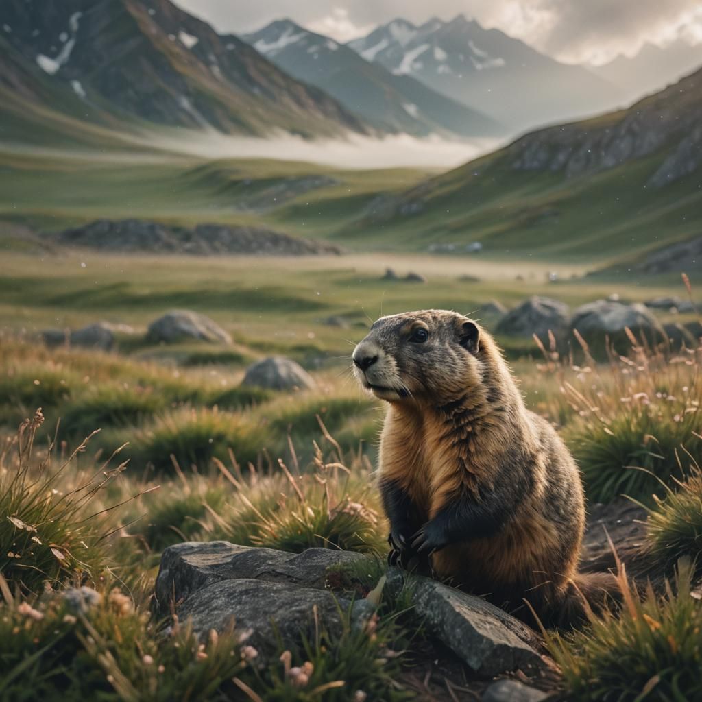 Dreamy Alpine Marmot in Warm, Golden Light