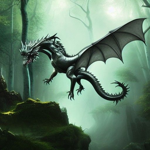 Elegant Silver Dragon in Green Valley, Dark Fantasy Art