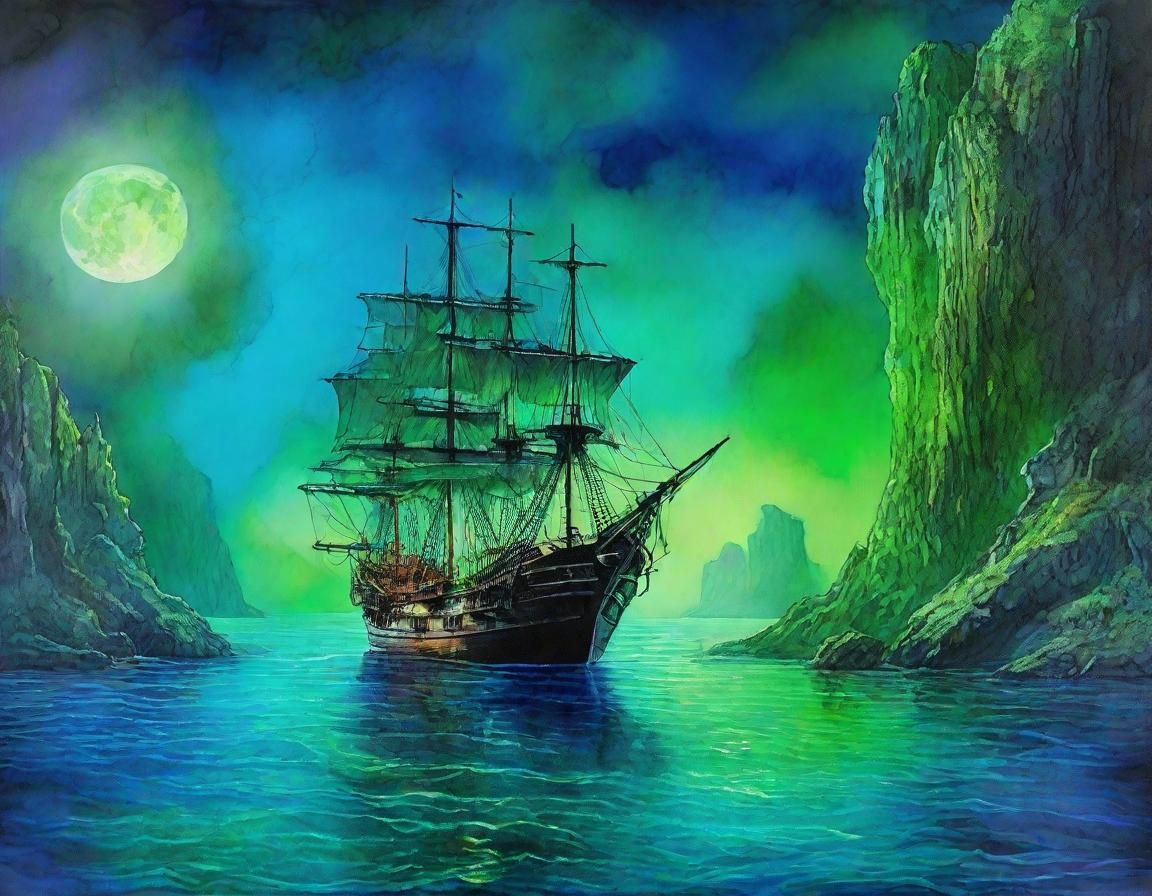 Mysterious Moonlit Pirate Cove in Surreal Seascape Art